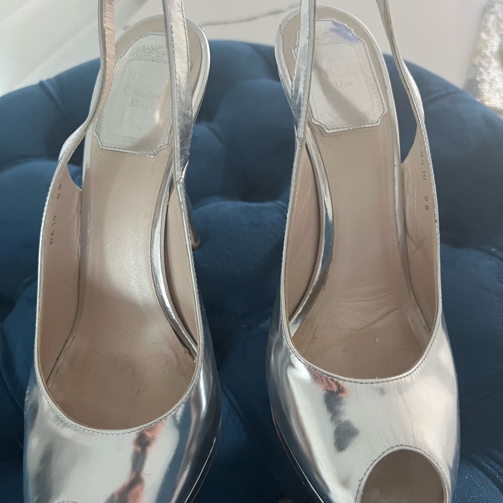 Bright silver Dior stilettos, 37.5 = 6.5-7 women’s.